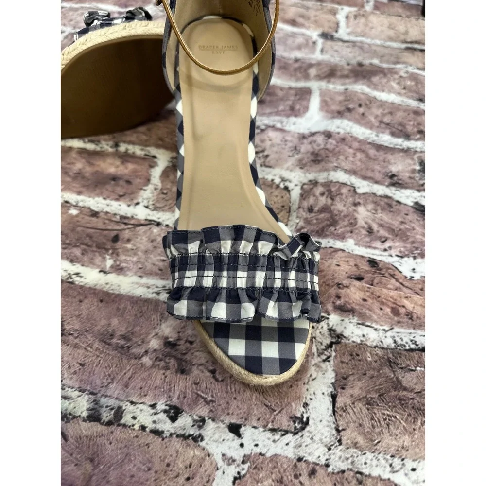 Draper James RSVP Navy Gingham Ruffle Espadrille Wedge Sandals Womens 9 Buffalo